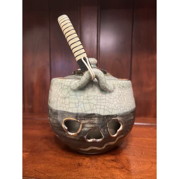 Otagiri Somaware Somayaki Gray-Green Heart Double Walled Tea Kettle 1940s - Picture 6 of 9